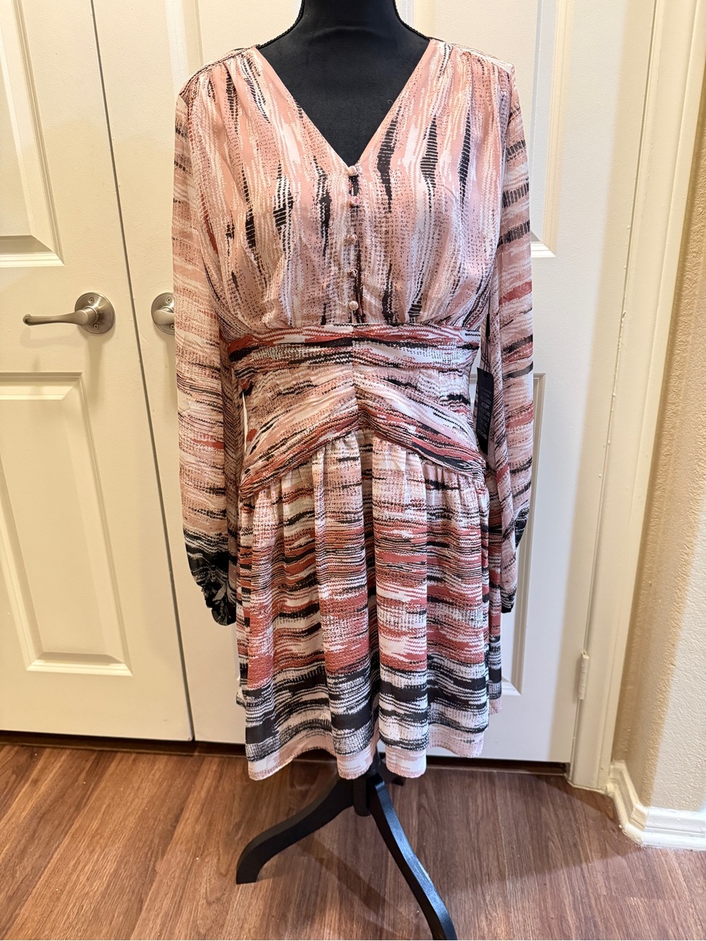 White House Black Market Striped Long-Sleeve V-Neck Dress in Pink and Black